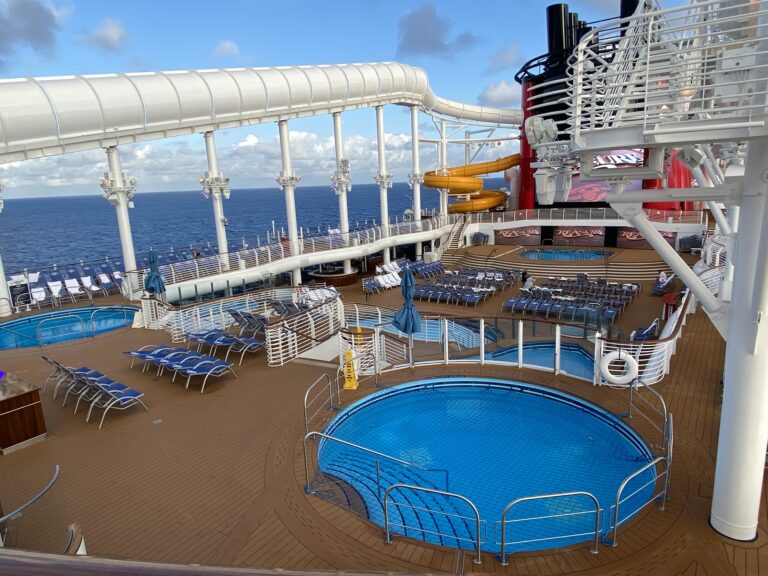A great view of the main pool deck on the Disney Treasure
